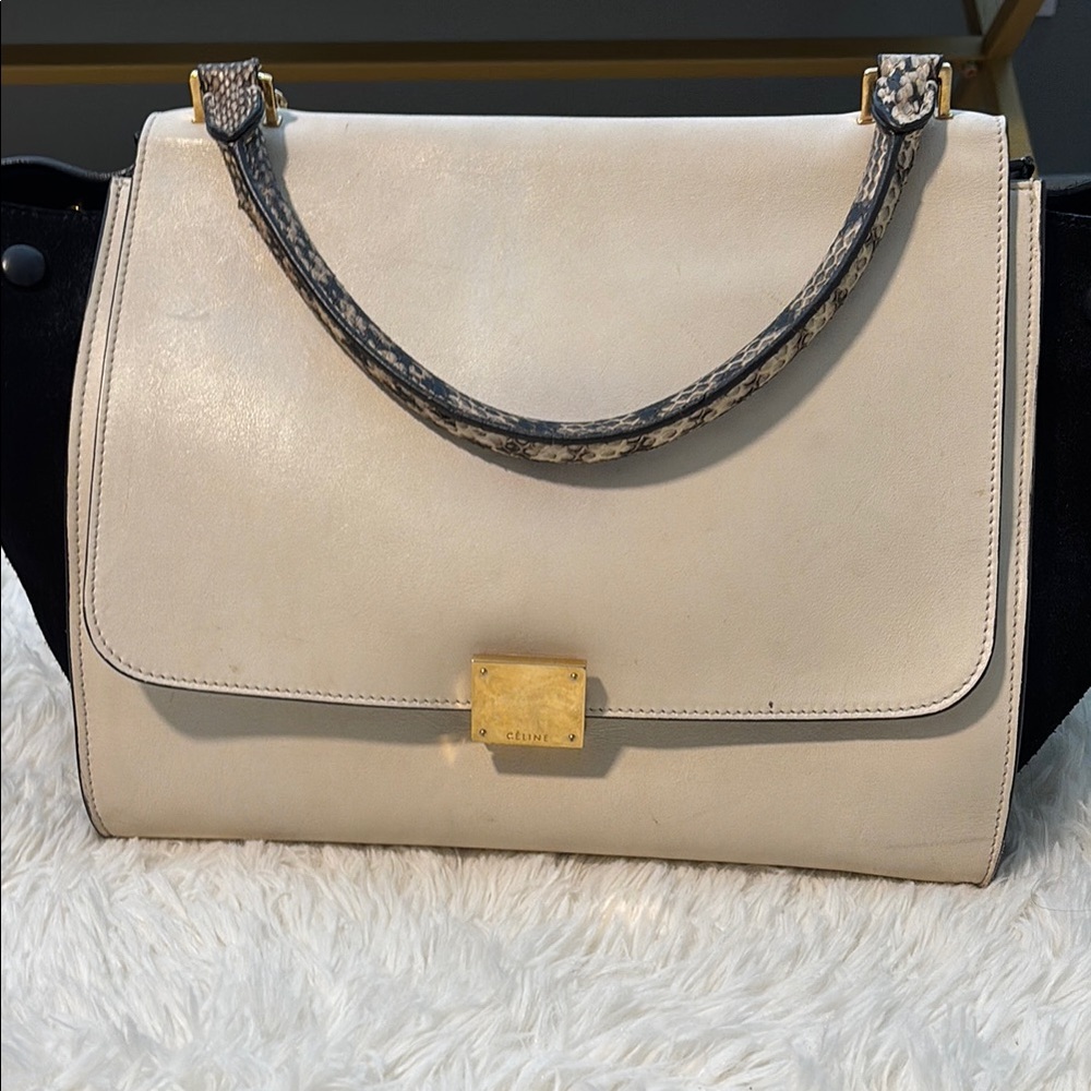 Celine Cream and Black Women's Bag with Python Handle